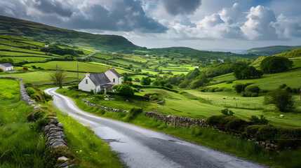 Rolling Green Hills under a Radiant Sky: A Classic Image of Irish Countryside