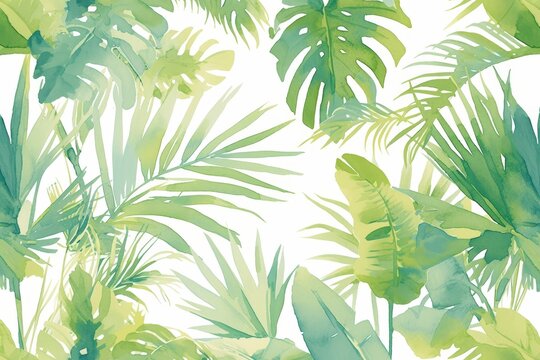 watercolor tropical leaves and palm trees