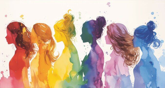 watercolor women silhouette, standing in row with different colors on white background 