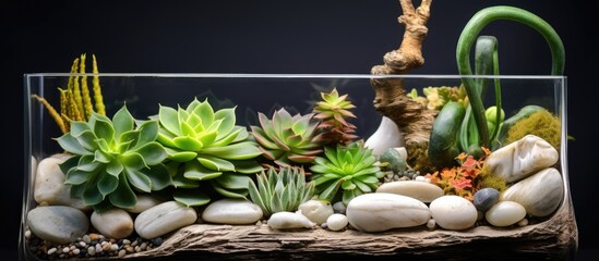 An artful arrangement of terrestrial plants, including succulents, in a glass vase with rocks. Perfect for enhancing your home or event decor