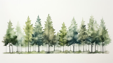 Digital watercolor illustration of A row of pine trees in varying shades of green, stands out in a misty, abstract forest setting.