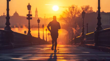 Fotobehang Runner jogging on city bridge at sunrise. Healthy lifestyle, urban fitness concept with copy space. © Paula
