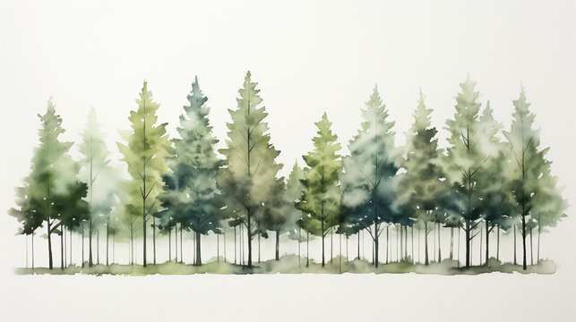 Digital watercolor illustration of A row of pine trees in varying shades of green, stands out in a misty, abstract forest setting.