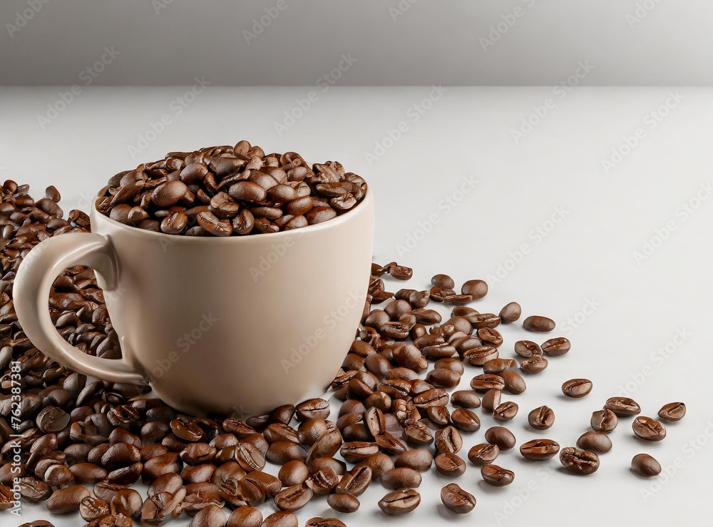 Canvas Prints Coffee mug with coffee beans isolated on white background, 3D Rendering Illustration Design with Space for Text.