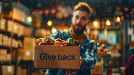 Man holding box labeled 'Give back' with groceries, volunteering at food donation center. - obrazy, fototapety, plakaty