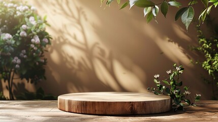 Wooden product display podium with blurred nature leaves on brown background.