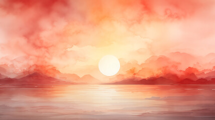 A watercolor illustration of a warm sunset over the ocean, with the sun dipping into the horizon beneath a sky ablaze with clouds. - obrazy, fototapety, plakaty