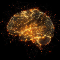 Digital Brain Illustration, Orange and Black, Neural Network Concept