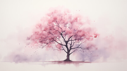 Obraz na płótnie Canvas The watercolor illustration features a cherry blossom tree in full bloom, painted with soft pink strokes, emanating a springtime vibe.
