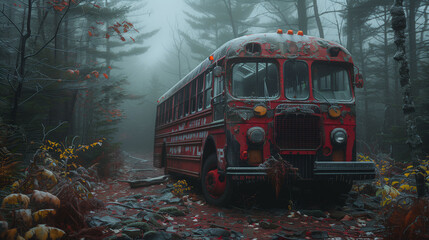 Abandoned red school bus in a misty forest during autumn, with fallen leaves and a mysterious atmosphere.