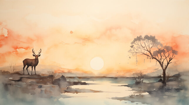 A minimalist deer stands in a misty environment, reflecting in the water below, as depicted in the whimsical watercolor painting.