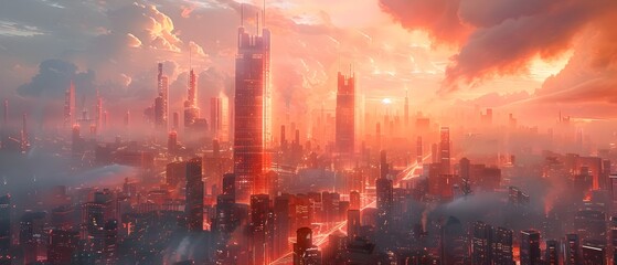 Breathtaking Futuristic Metropolis Skyline Aglow with Dramatic Sunset Colors and Surreal Atmosphere