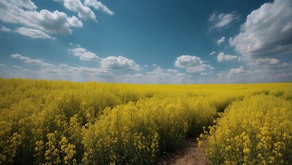 Abstract watercolor illustration background of blue sky and rape field. AI generated