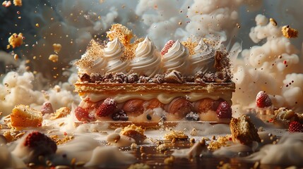 An advertisement with a 3D pastry, its layers telling stories of craft, tradition, and indulgence