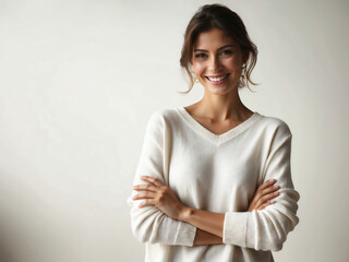 Fröhliche junge Frau im eleganten weißen Pullover vor hellem Hintergrund - obrazy, fototapety, plakaty