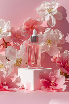 Spring essence, a bottle of a cosmetic surrounded by blooming flowers