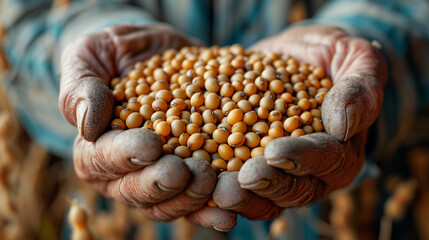 Close-up of a handful of soybean seeds in the hands of a farmer. - obrazy, fototapety, plakaty