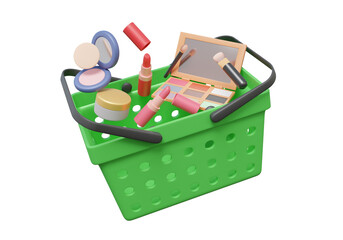 Green shopping baskets isolated on transparent background. maketing promotion sale cosmetics skincare perfect look product makeup beauty mascara, lipstick, brush, powder, cream, 3d rendering