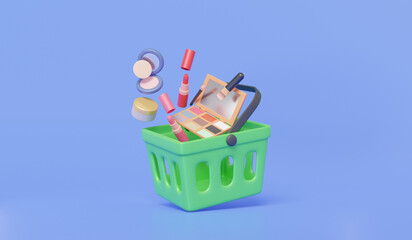 Green shopping baskets maketing promotion sale cosmetics skincare perfect look product makeup beauty mascara, lipstick, brush, powder, cream, banner. 3d render illustration