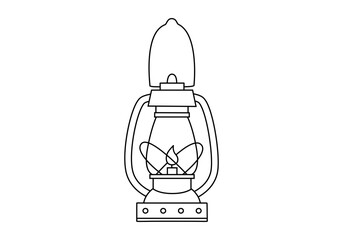 Hand drawn cute outline illustration of camping lantern. Flat vector outdoor fire equipment sticker in line art doodle style. Tourism kerosene lamp icon. Adventure, hiking. Isolated. - obrazy, fototapety, plakaty