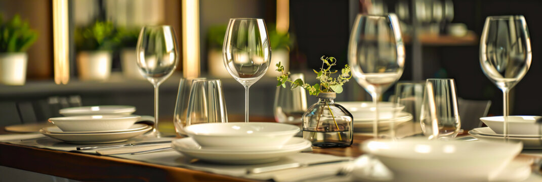 A Beautifully Set Dining Table With Modern Tableware, Elegant Glassware, And A Centerpiece, Ready For A Special Meal