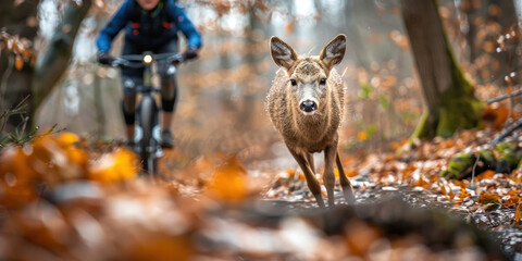 Man riding bike past deer in fall woods peaceful nature encounter amidst autumn foliage