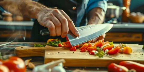 Foto op Plexiglas A chef expertly slices vegetables with a sharp knife, emphasizing precision and ease of use © VicenSanh