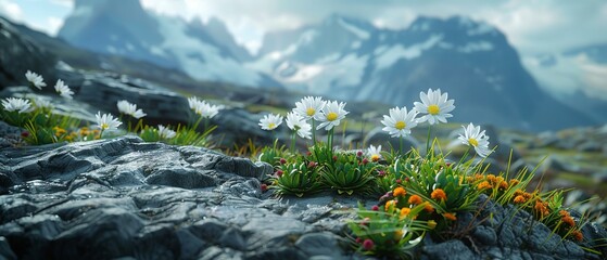 A mountain pass where edelweiss and other alpine flowers cling to life, stark against the rock