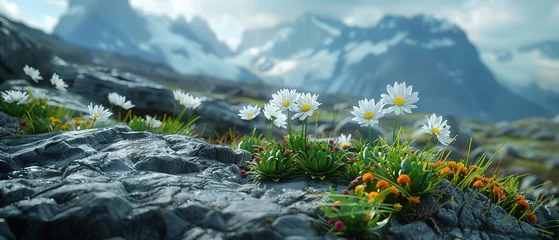 Foto op Canvas A mountain pass where edelweiss and other alpine flowers cling to life, stark against the rock © Seksan
