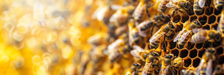 A close-up of a beehive, bees busy at work, symbolizing the importance of biodiversity. Copy space. - obrazy, fototapety, plakaty