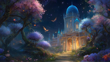 The castle at night stands in the magic forest.