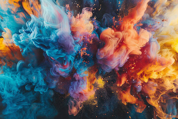 Art Nouveau of A vibrant explosion of color, depicting the energy released during a chemical reaction, with new molecules forming amidst the chaos - obrazy, fototapety, plakaty
