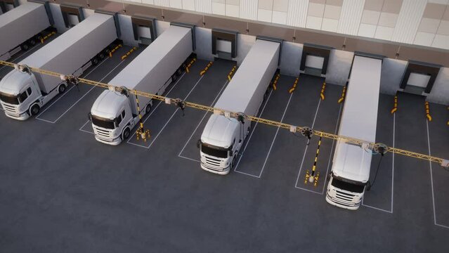 Generic electric semi trucks with cargo trailer charging at loading docks of a warehouse or logistic center. Decarbonisation and sustainable business concept. Realistic 3d animation rendering