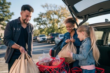 Multiracial family of three unpacking groceries after shopping