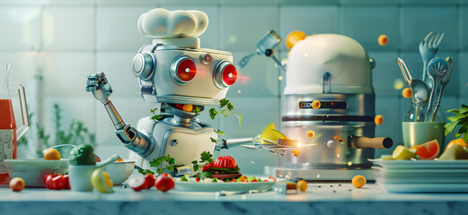 A clumsy robot chef attempts to cook a gourmet meal, resulting in a delightful mess and a call for takeout. - obrazy, fototapety, plakaty