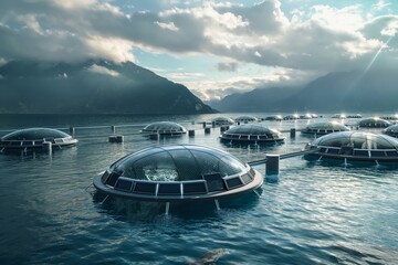 Scenic view of futuristic domes floating on water with mountains and cloudy sky - obrazy, fototapety, plakaty