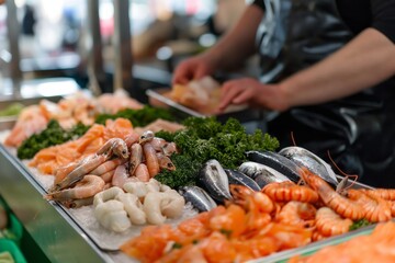 Vendor arranges a variety of fresh seafood on ice at a bustling market stall