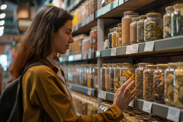Side view of a young lady selecting dry goods from jars in a grocery store aisle