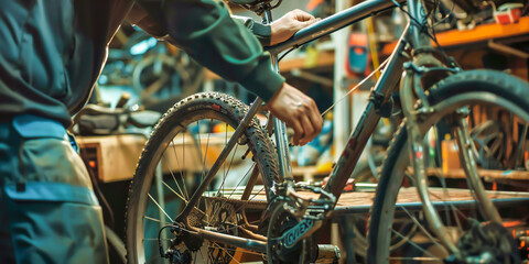 A cyclist brings their bike to a repair shop, ensuring smooth rides during spring bike trails. , - obrazy, fototapety, plakaty