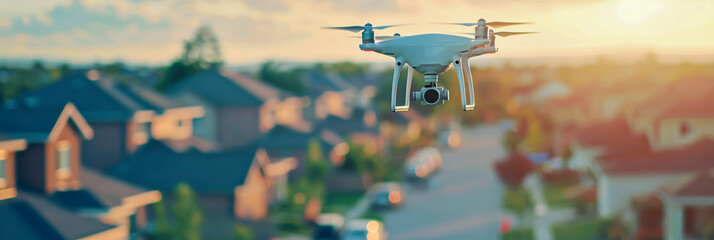 a drone flying overhead in a residential area, representing the potential misuse of AI in surveillance and privacy invasion - obrazy, fototapety, plakaty