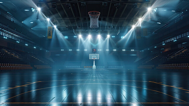 Empty basketball arena, stadium, sports ground with flashlights and fan sits 