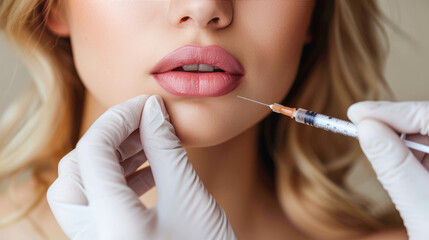 The doctor cosmetologist makes the Rejuvenating facial injections procedure for tightening and smoothing wrinkles on the face skin of a beautiful, young woman in a beauty salon. Cosmetology skin care.