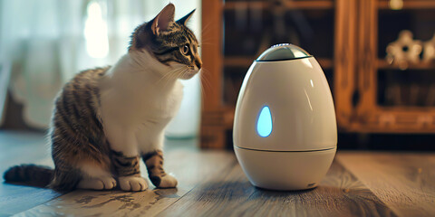 A futuristic pet translator device deciphers cat meows, revealing their secret desires - obrazy, fototapety, plakaty