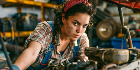 Fototapeta na wymiar A grease-streaked mechanic tinkering with a classic car engine, tools at her side