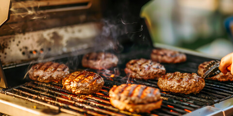 A grill enthusiast grills juicy burgers, showcasing stainless steel grates, temperature gauges, and smoker boxes - obrazy, fototapety, plakaty