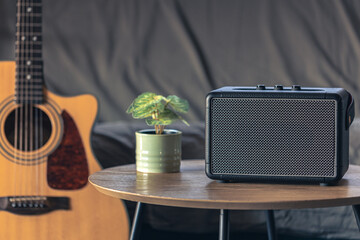 Close up, music speaker and acoustic guitar in the interior of the room.