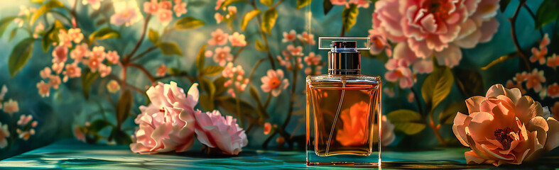 A high-end perfume bottle against a floral backdrop, conveying a sense of luxury and elegance. Copy space - obrazy, fototapety, plakaty