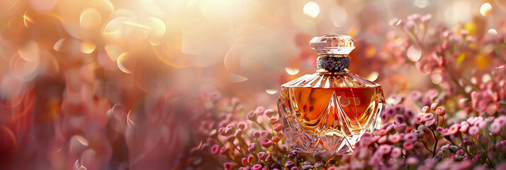 A high-end perfume bottle against a floral backdrop, conveying a sense of luxury and elegance. Copy space