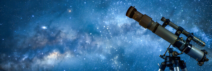 A high-powered telescope, lens gleaming, set up against a backdrop of a starry night sky. Copy space. - obrazy, fototapety, plakaty