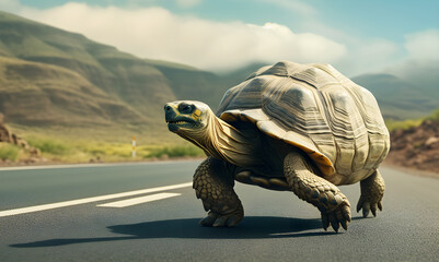 View of a Beautiful big turtle on the road